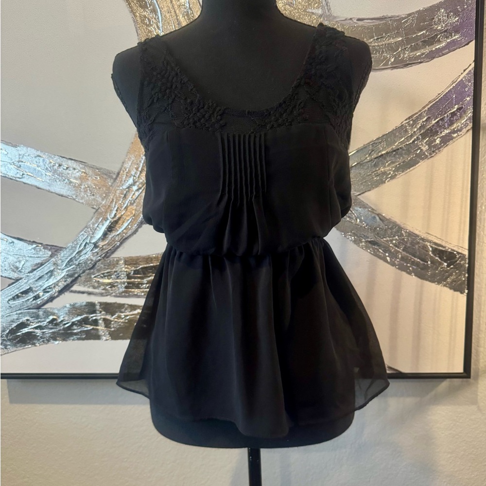Forever 21 Black Crochet and Lace Trim Pleated Peplum Camisole